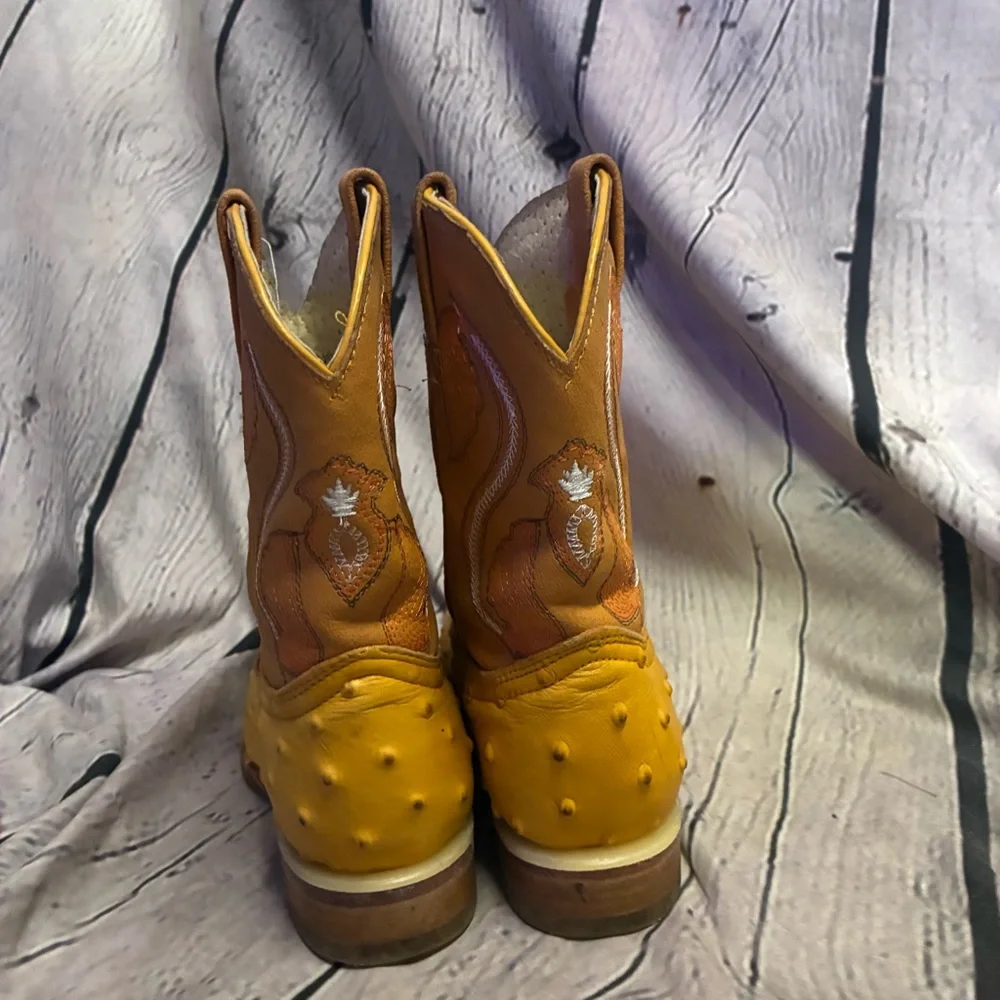 montenegro kids western ostrich print boots made in mexico yellow gold sz 6-6.5?